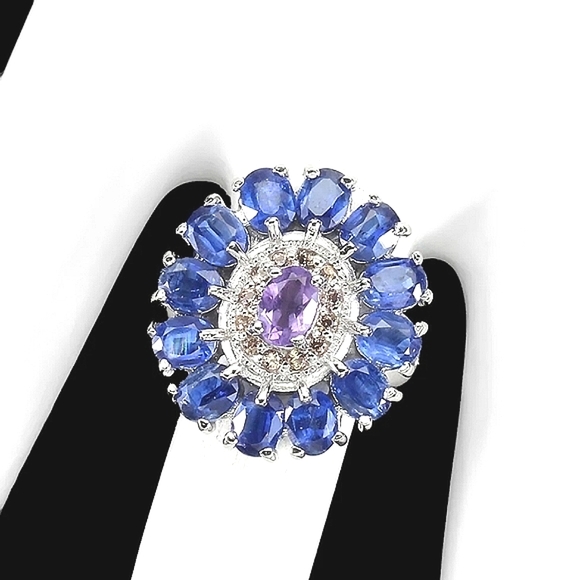 Natural Amethyst 6x4mm, Kyanite & Sapphire 925 Sterling Silver Ring Size 7.5 - Picture 3 of 5